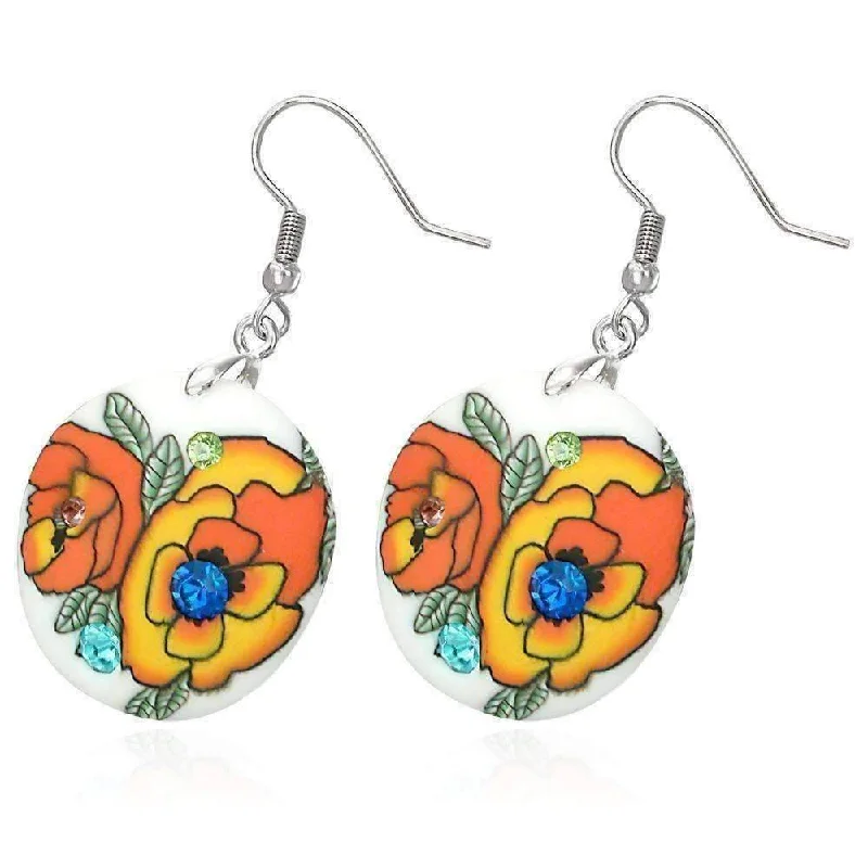 layered drop earrings for women -Round Handcrafted Floral Cane Work Clay & CZ Earrings ~ Five Colors