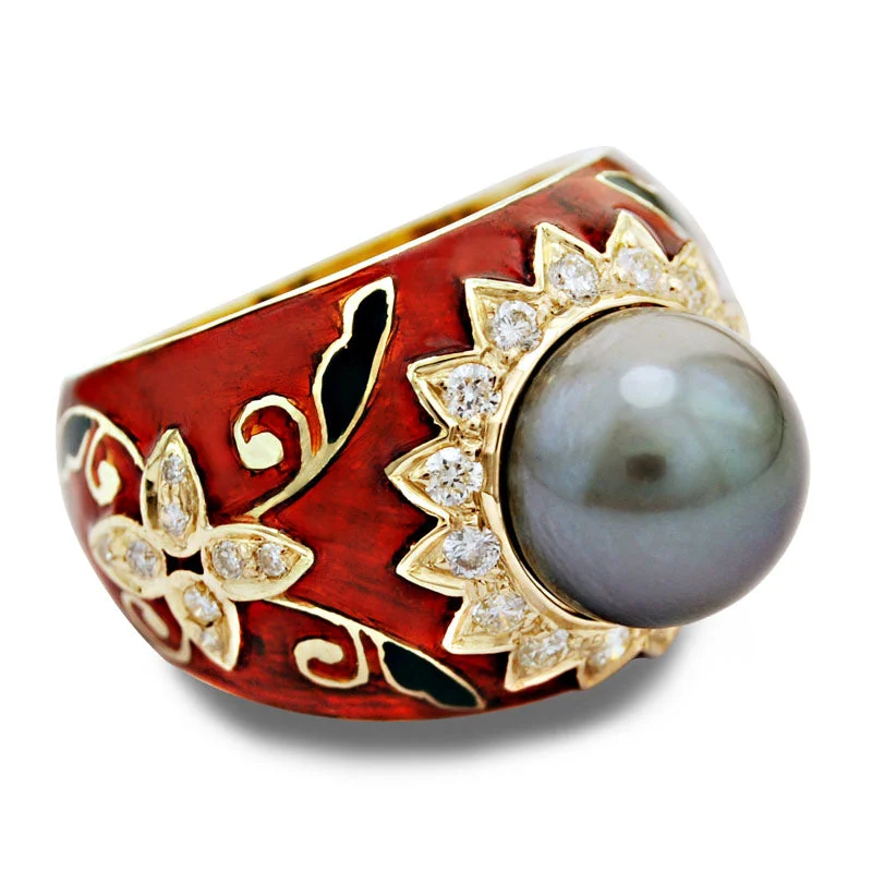 luxury diamond wedding rings -Ring-South Sea Pearl and Diamond (Enamel)