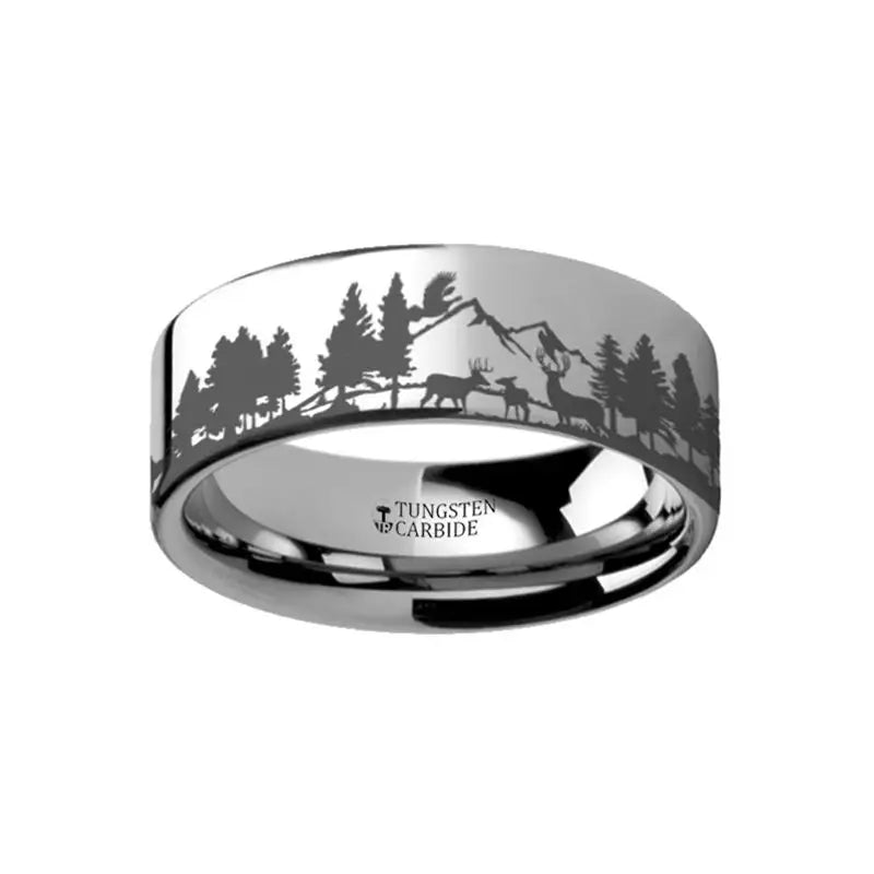 celestial necklaces for women -Thorsten Animal Landscape Scene Reindeer Deer Stag Mountain Range Ring Engraved Flat Tungsten Ring - 4mm - 12mm