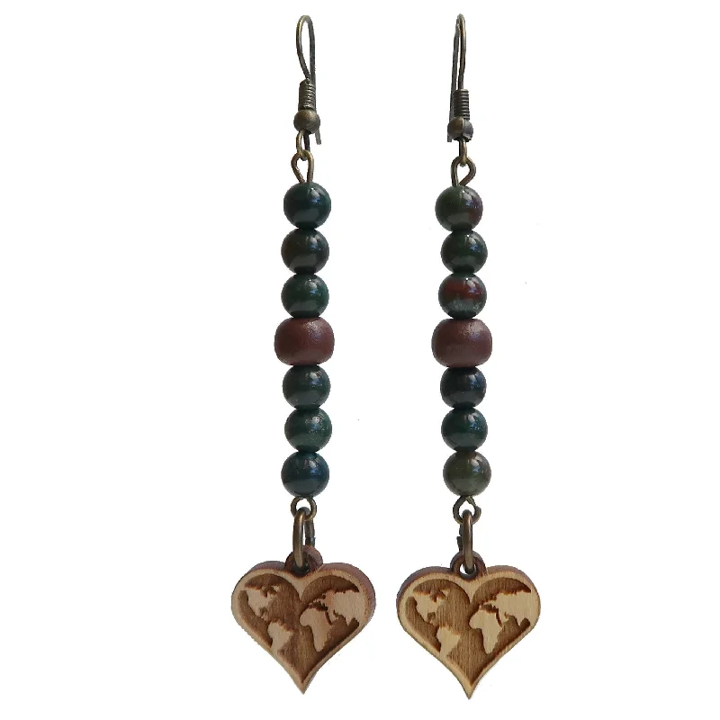 rose gold earrings for women -Bloodstone Earrings Love of Travel Wood Map Hearts