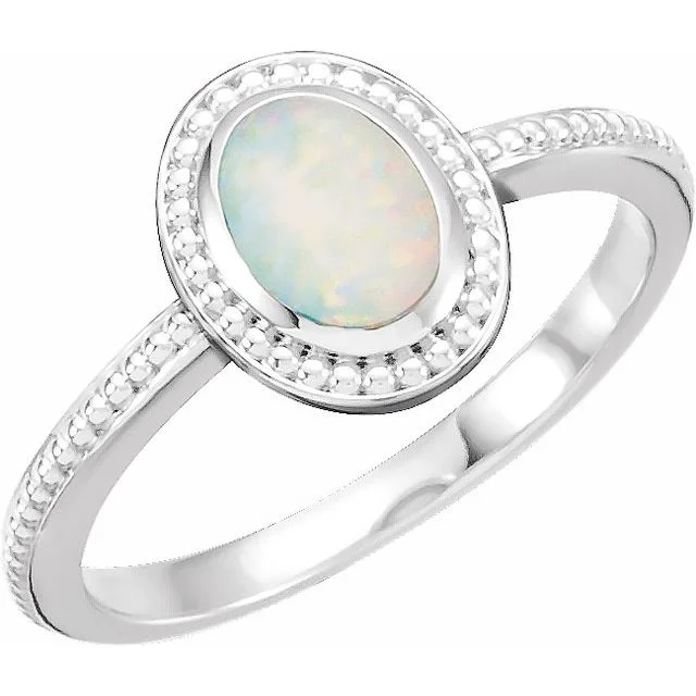 silver chain necklaces for women -14k White Gold Oval Genuine Australian Opal Cabochon Beaded Ring