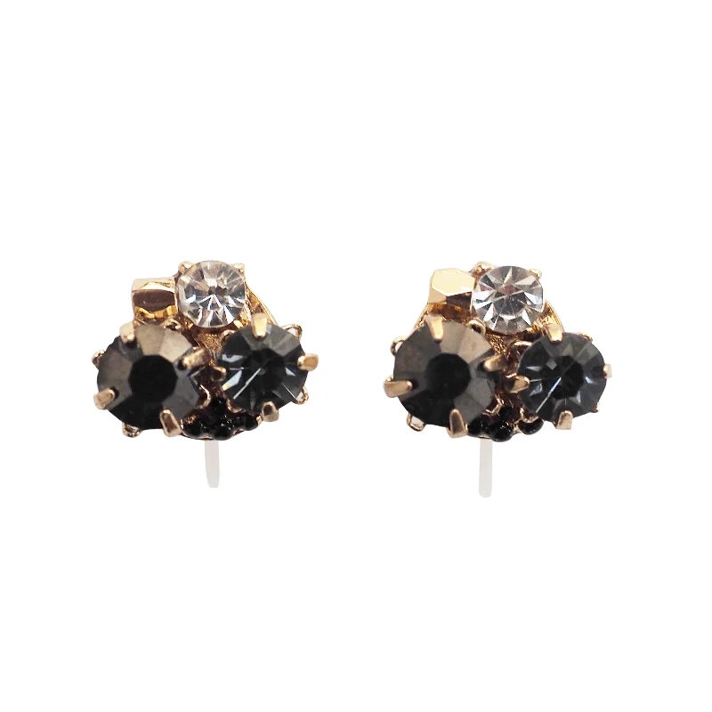 layered earrings for women -Black Rhinestone Invisible Clip On Stud Earrings