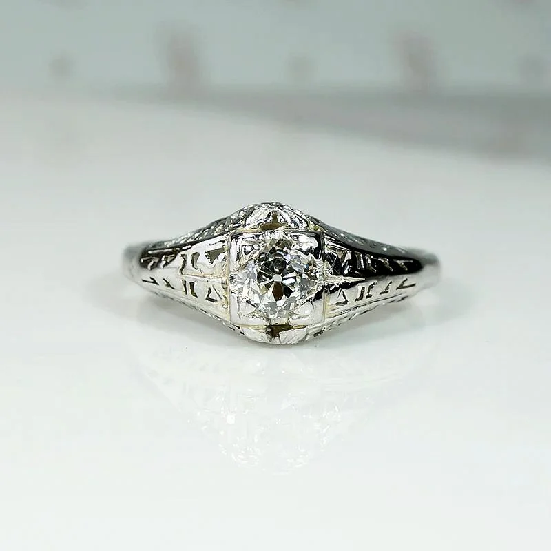 stackable rings for weddings -Ornate White Gold Solitaire Ring with Charming Old Diamond