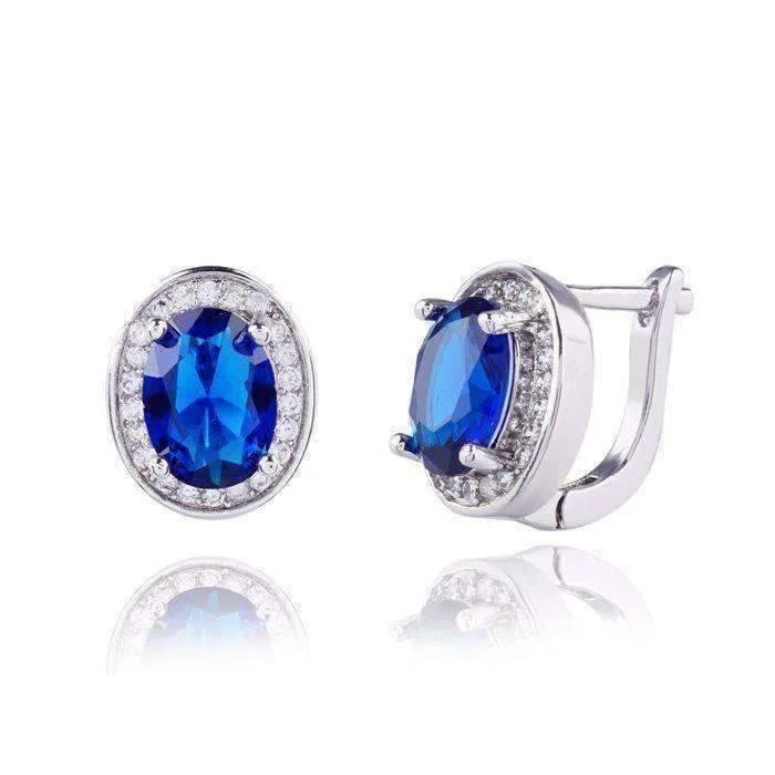 vintage-style earrings for women -Oval Solitaire Halo Earrings in Sapphire, Emerald, Topaz or White CZ For Woman