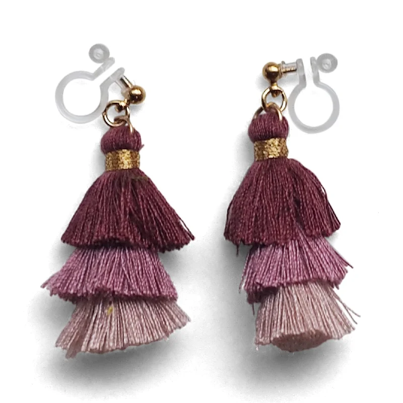 butterfly earrings for women -Three Layered Ombre Stacked Pink Tiered Tassel Invisible Clip On Earrings