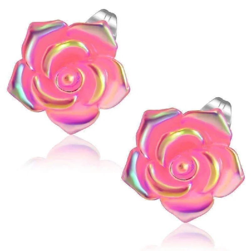 custom name earrings for women -Shimmering Pink Rose Stud Earrings