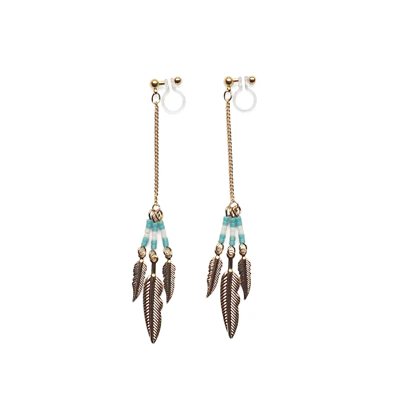 minimalistic earrings for women -Long feather motif invisible clip on earrings ( Gold tone )