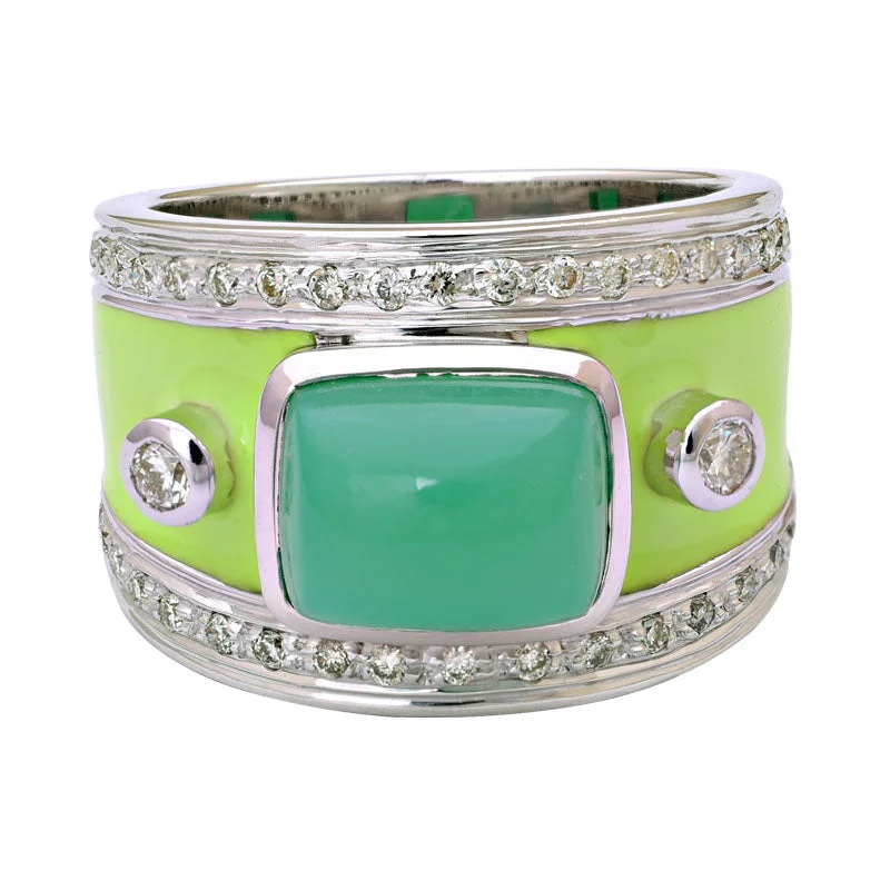 solitaire rings for women -Ring-Chrysoprase and Diamond (Enamel)