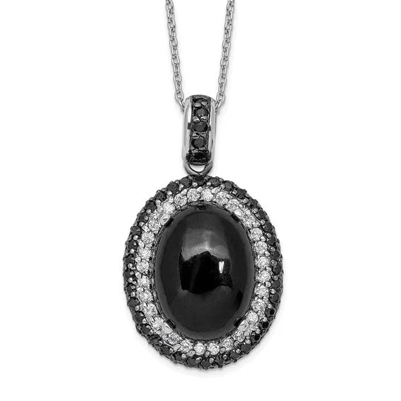 bridal pendant necklaces for women -Sterling Silver Oval Onyx with Black and White CZ Necklace