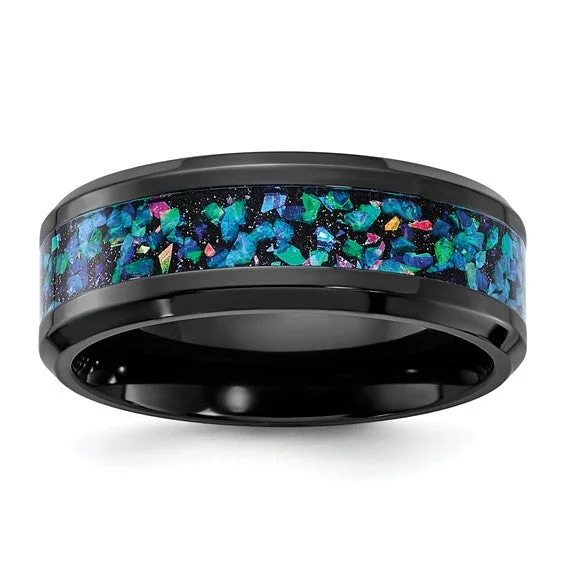 dazzling necklaces for women -Black Zirconium with Black & Blue Imitation Opal Inlay 8mm Men's Band