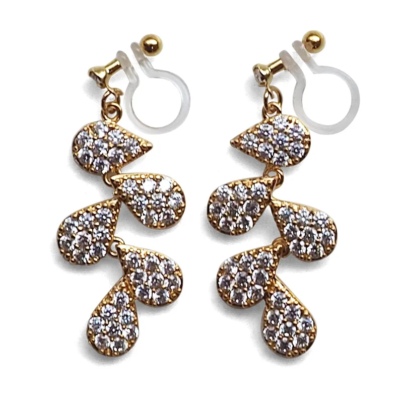 custom name earrings for women -Bridal leaf cubic zirconia invisible clip on earrings  ( Gold tone )