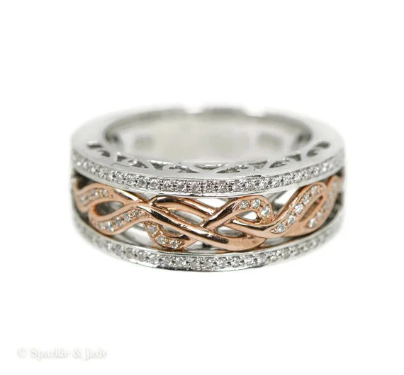 gold necklaces for women -14K White Gold & Rose Gold Diamond Infinity Wide Filigree Wedding Band