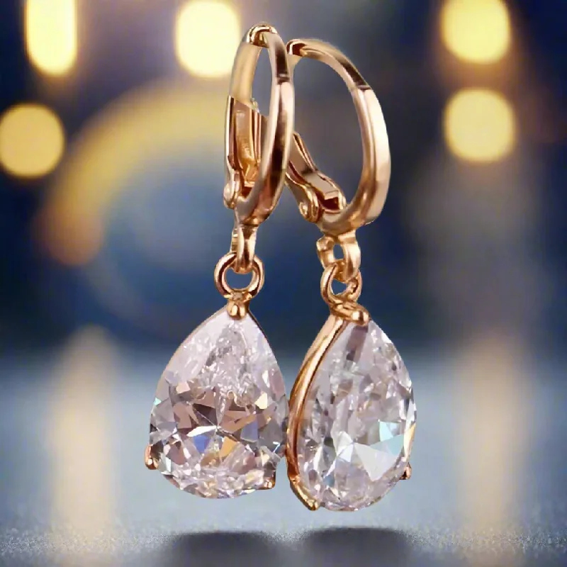 chic earrings for women -Raindrop Diamond Dust Infused Gold Plated Dangling Crystal Earrings for Women Special Occasions