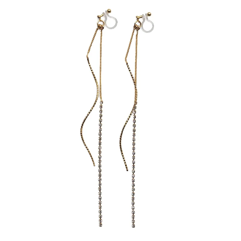 dangle earrings for women -Long Rhinestone and Twisted Bar Threader Invisible Clip On Earrings