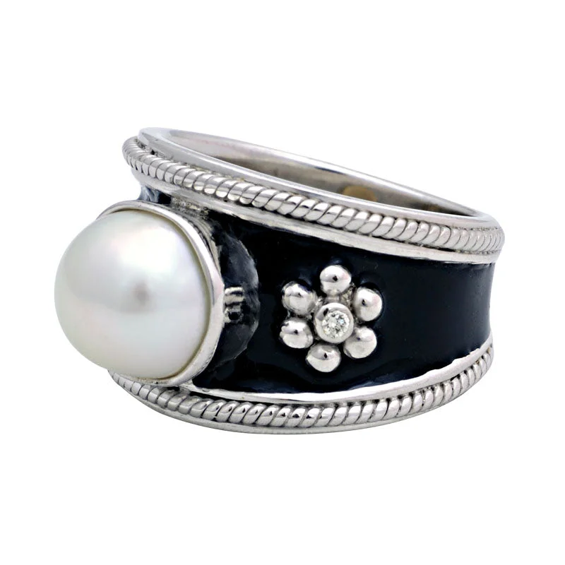 wedding sets for women -Ring-South Sea Pearl and Diamond (Enamel)