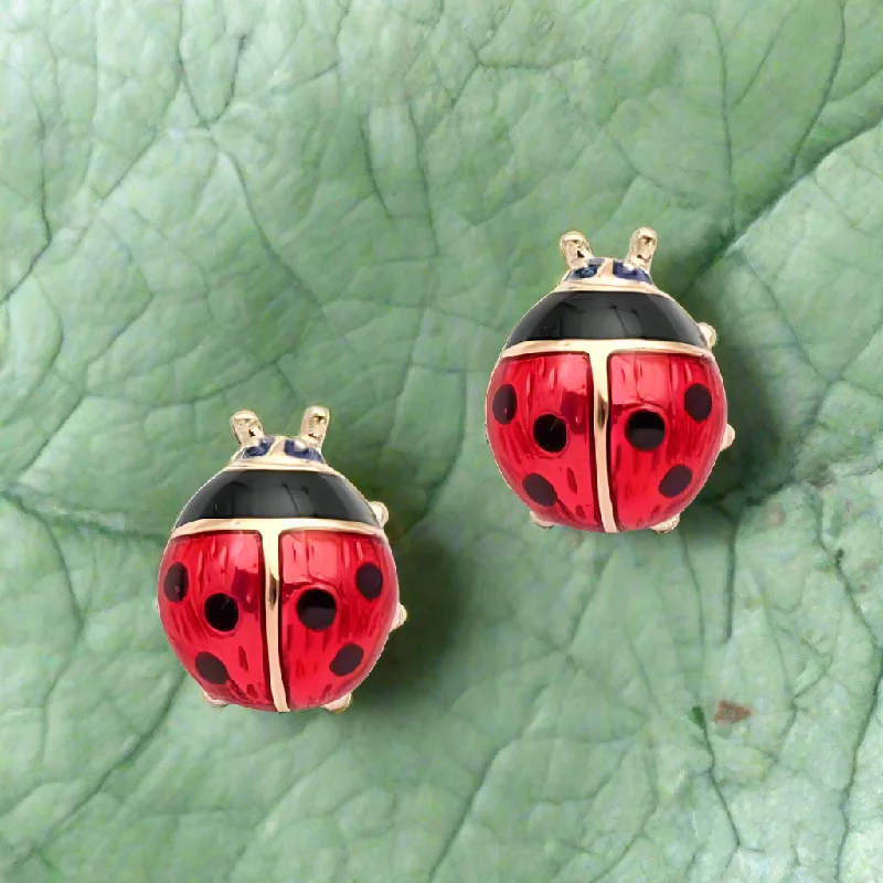 radiant earrings for women -Delightful Red Enamel and Gold Lady Bug Stud Earrings for Woman