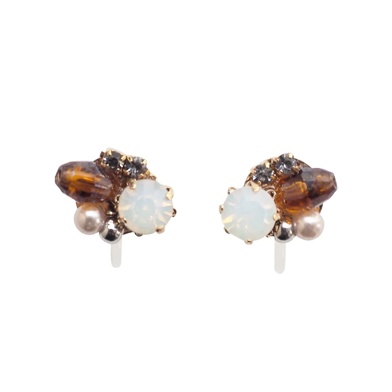 small hoop earrings for women -White and Brown Rhinestone Crystal Invisible Clip On Stud Earrings