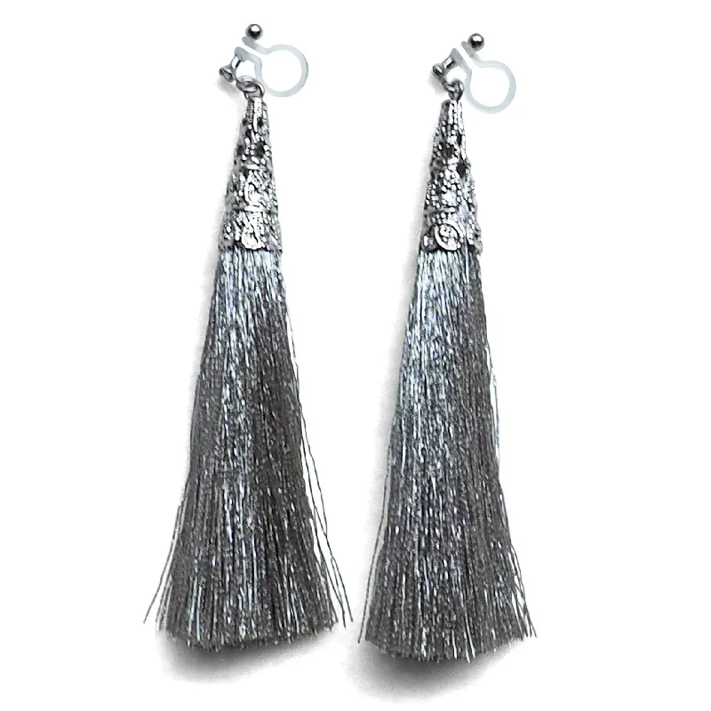 wedding hoop earrings for women -Long Silver Tassel Invisible Clip On Earrings