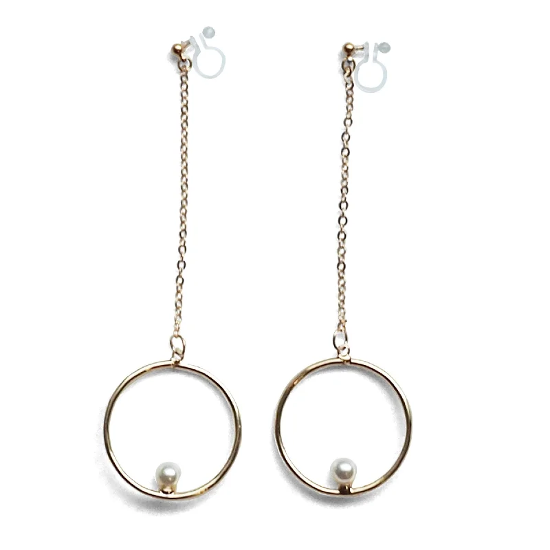 fine gold earrings for women -Dangle pearl on hoop invisible clip on earrings (gold tone)