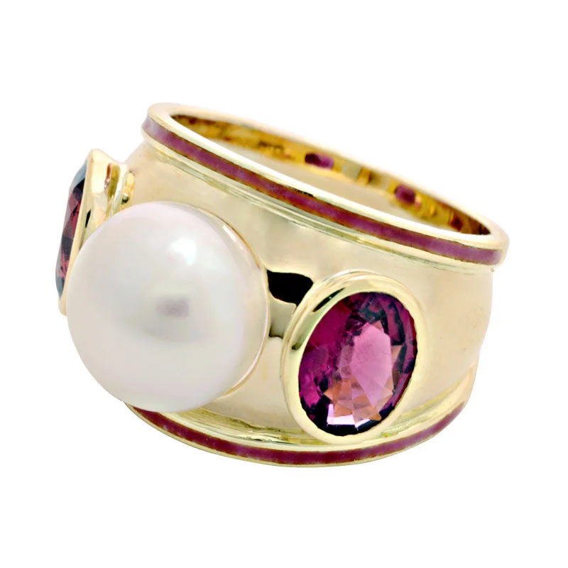 custom rings for women -Ring-Rubellite and South Sea Pearl (Enamel)