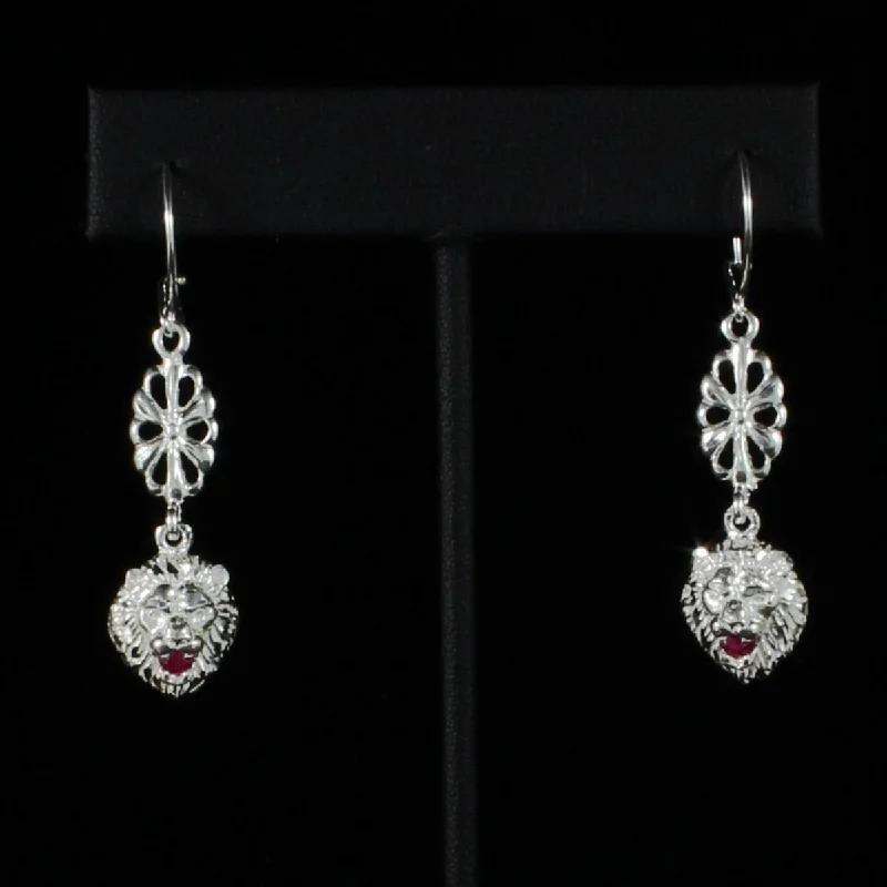 large statement earrings for women -Leo Lion with Red stone on Hollow Flower extender Long Earring