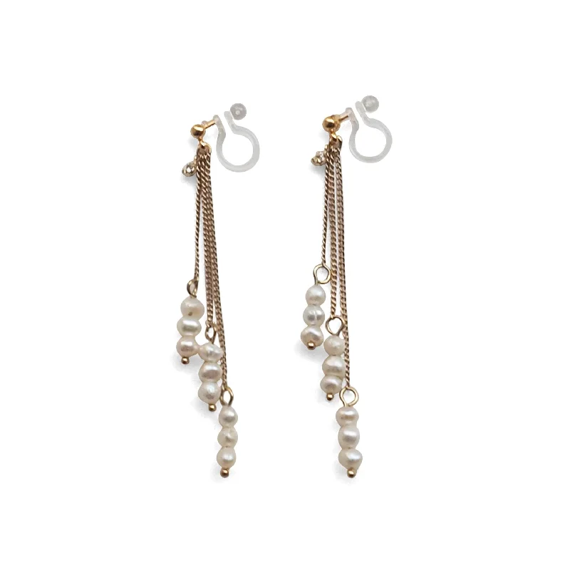 silver dangle earrings for women -Dangle Beaded White Freshwater Pearl Invisible Clip On Earrings (Gold tone)