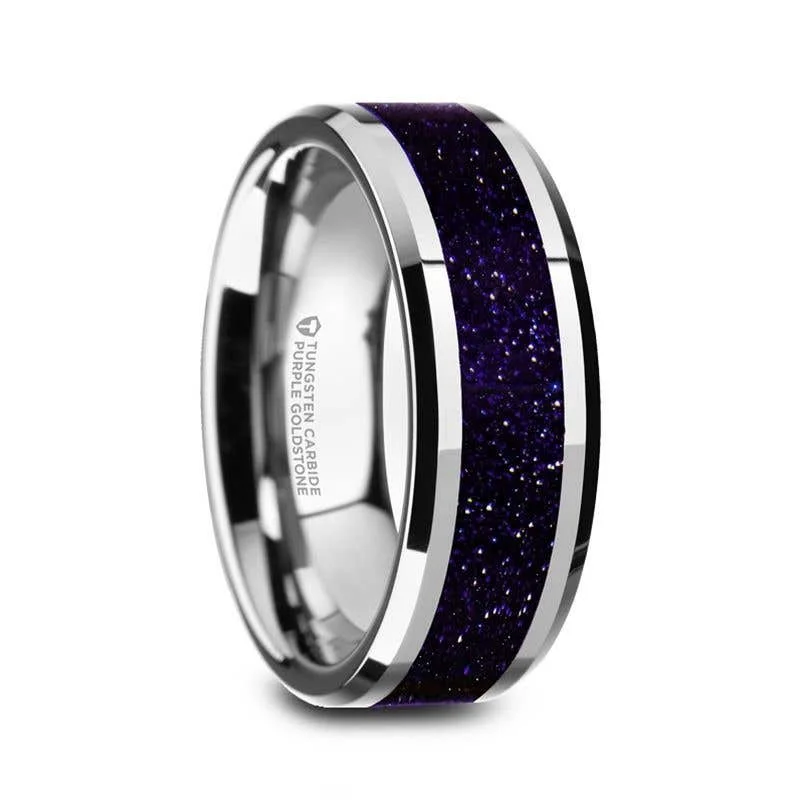 eco-friendly necklaces for women -Thorsten MAKI Beveled Polished Finish Tungsten Wedding Ring with Purple Goldstone Inlay - 8mm