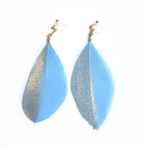 statement crystal earrings for women -Gold painted blue feather invisible clip on earrings