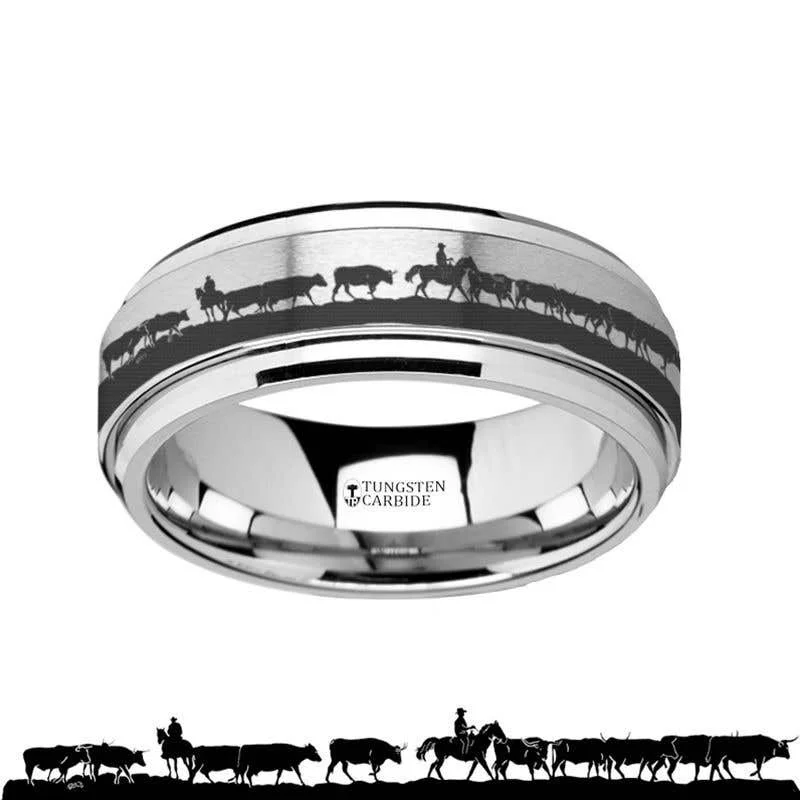 elegant chain necklaces for women -Thorsten Spinning Engraved Herding Cattle Tungsten Carbide Band Spinner Ring