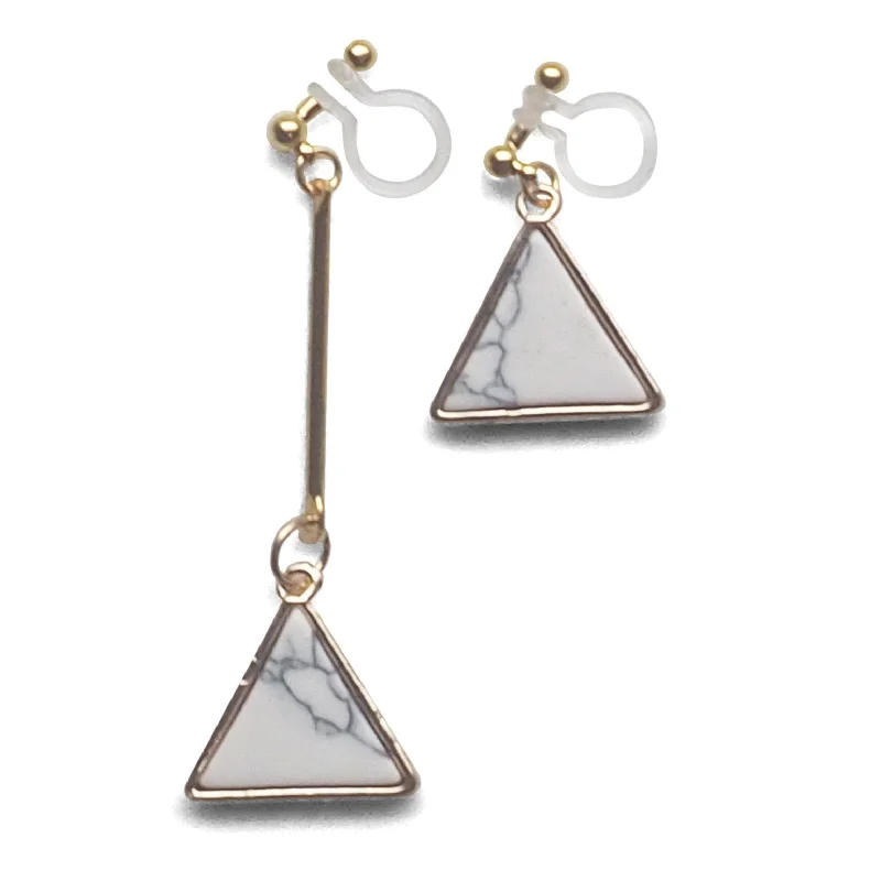 statement earrings for women -Asymmetric Triangle Marble Faux White Stone Invisible Clip On Earrings