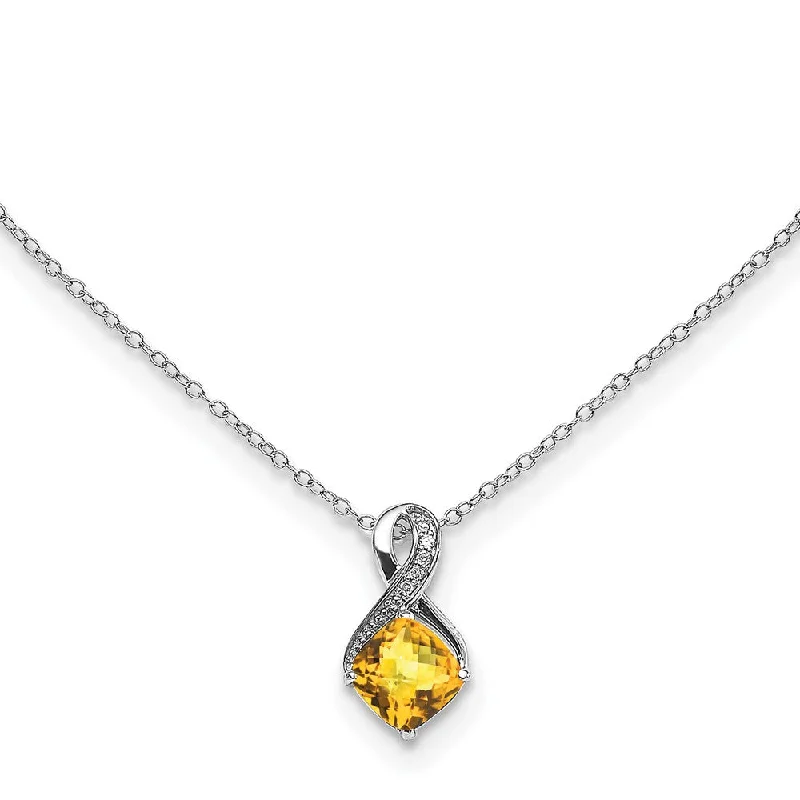 sapphire necklaces for women -Sterling Silver Cushion Cut Citrine & Diamond Pendant 18" Necklace