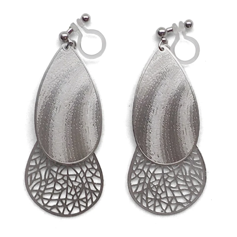 chandelier earrings for women -Textured  silver metal and teardrop filigree invisible clip on earrings