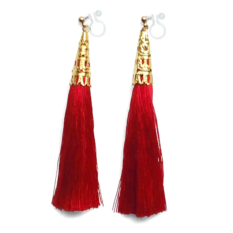 trendy drop earrings for women -Long Red Tassel Invisible Clip On Earrings