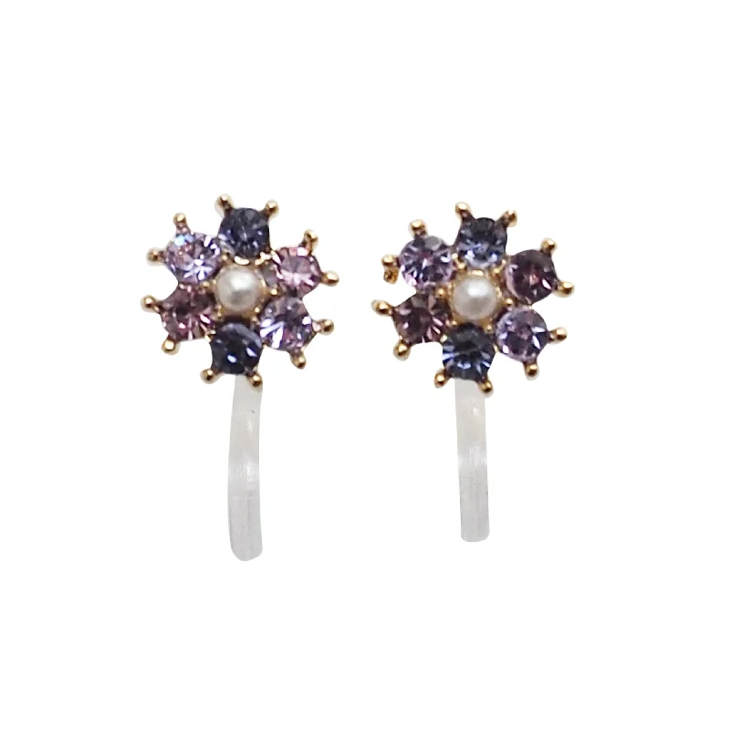 teardrop earrings for women -Flower Rhinestone Invisible Clip On Stud Earrings (Light Purple)