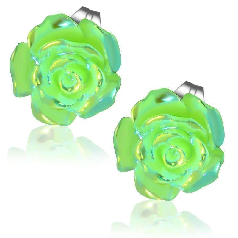 gold earrings for women -Shimmering Green Rose Stud Earrings