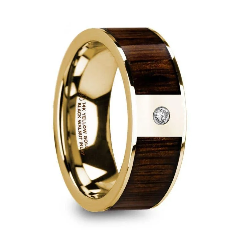 heart-shaped necklaces for women -Thorsten PANTHERAS 14k Yellow Gold Men’s Wedding Band with Black Walnut Wood Inlay & Diamond - 8mm