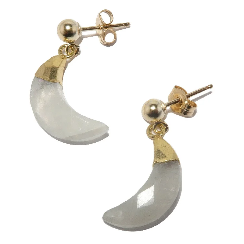 romantic pearl earrings for women -Rainbow Moonstone Earrings Crescent Moon 24-Karat Gold