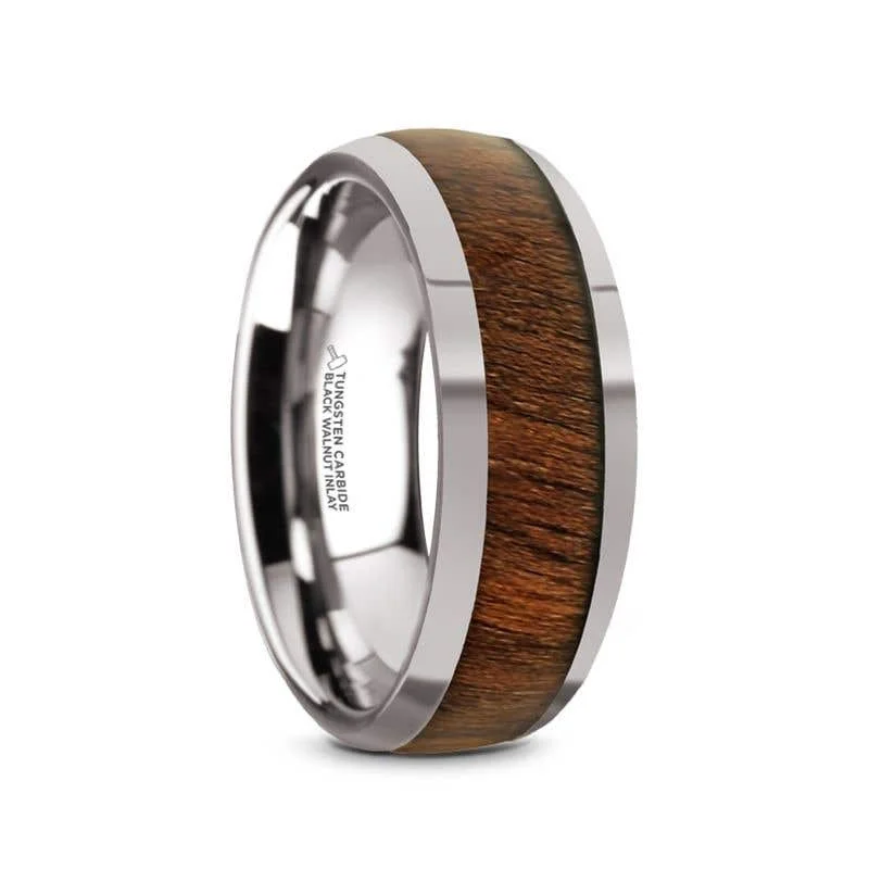 unique gemstone necklaces for women -Thorsten JUGLAN Tungsten Carbide Polished Finish Men’s Domed Wedding Ring with Exotic Black Walnut Wood Inlay - 8mm