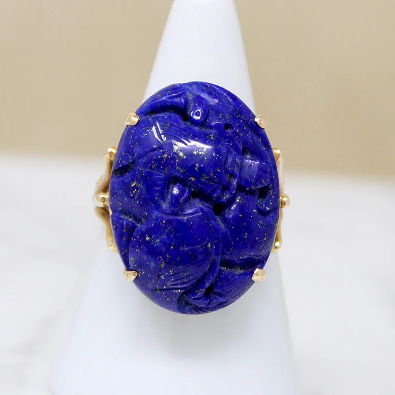 custom diamond rings for women -Striking Carved Lapis in Gold Cocktail Ring