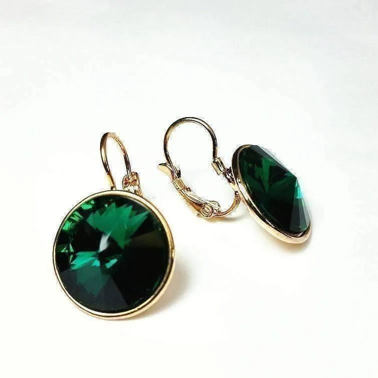 gold drop earrings for women -Deep Sea Emerald Dome Austrian Crystal Leverback Earrings