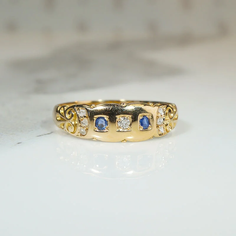 personalized engagement rings -Engraved Flourish Diamond & Sapphire Edwardian Ring