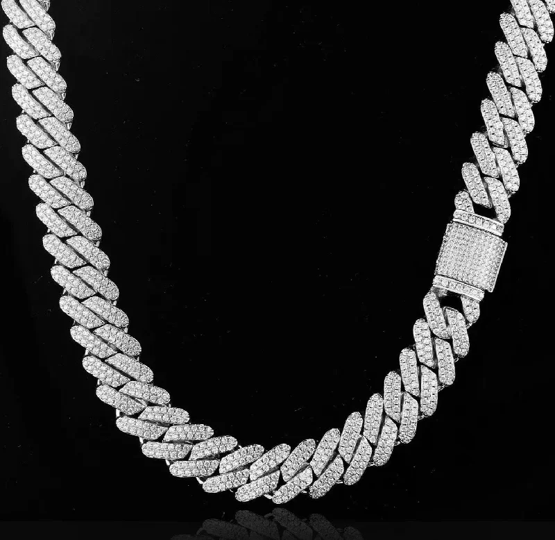 silver necklaces for women -The Shining Moment II® - 13mm Iced Diamond Prong Link Cuban Choker Chain in White Gold