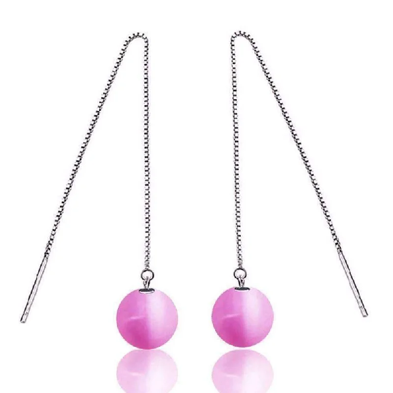 sterling silver drop earrings for women -Mystical Pink Cat Eye Gemstone Bead Thread Earrings