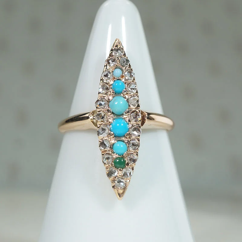 boho rings for women -Wicked Turquoise & Rose Cut Diamond Navette Ring