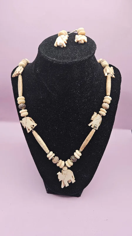 modern earrings for women -Vintage Bone Beaded Elephant Necklace and Earring Set - Necklace 13", Earrings 1.5"