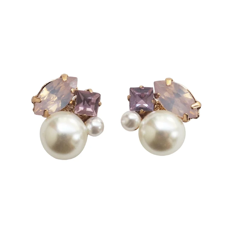 gold earrings with diamonds -Pearl and Pink Rhinestone Crystal Invisible Clip On Stud Earrings