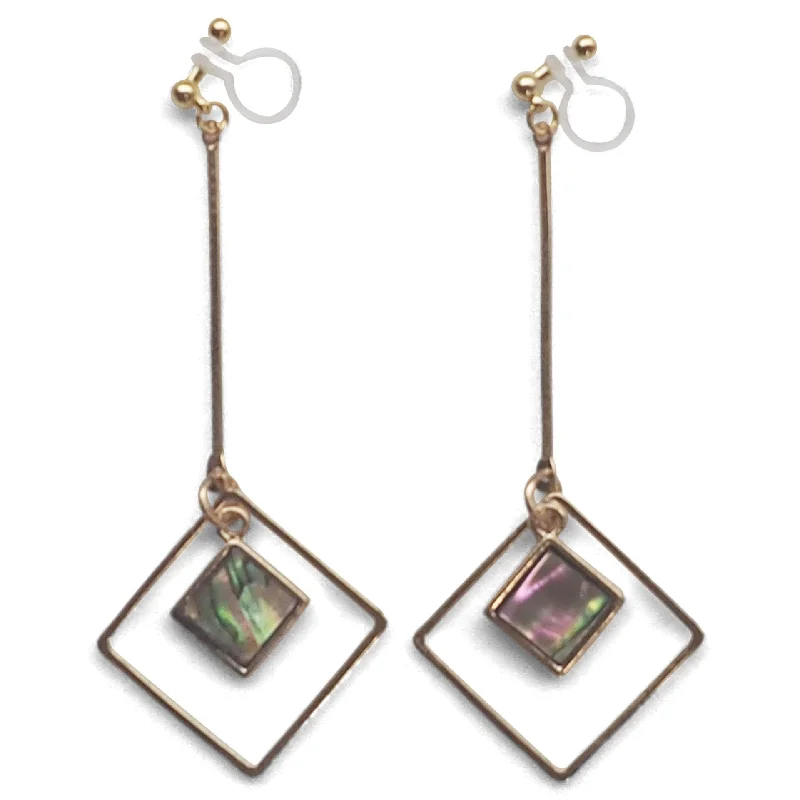 chic gemstone drop earrings -Abalone Shell and Dangle Long Square Hoop Invisible Clip on Earrings