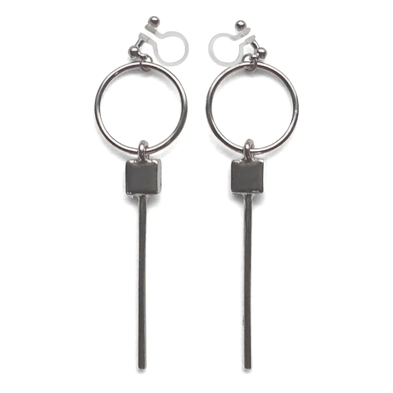 layered drop earrings for women -Hoop and Bar Invisible Clip On Earrings ( Silver tone )