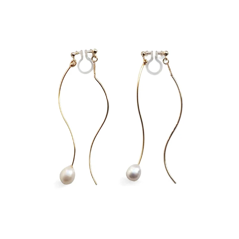 minimalist earrings for women -Double Sided White Freshwater Pearl with Wave Bar Invisible Clip On Earrings (Gold tone)