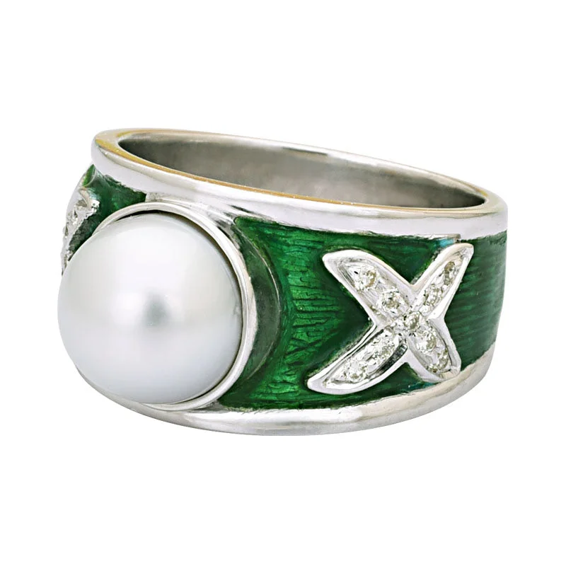 statement wedding rings for women -Ring-South Sea Pearl and Diamond (Enamel)